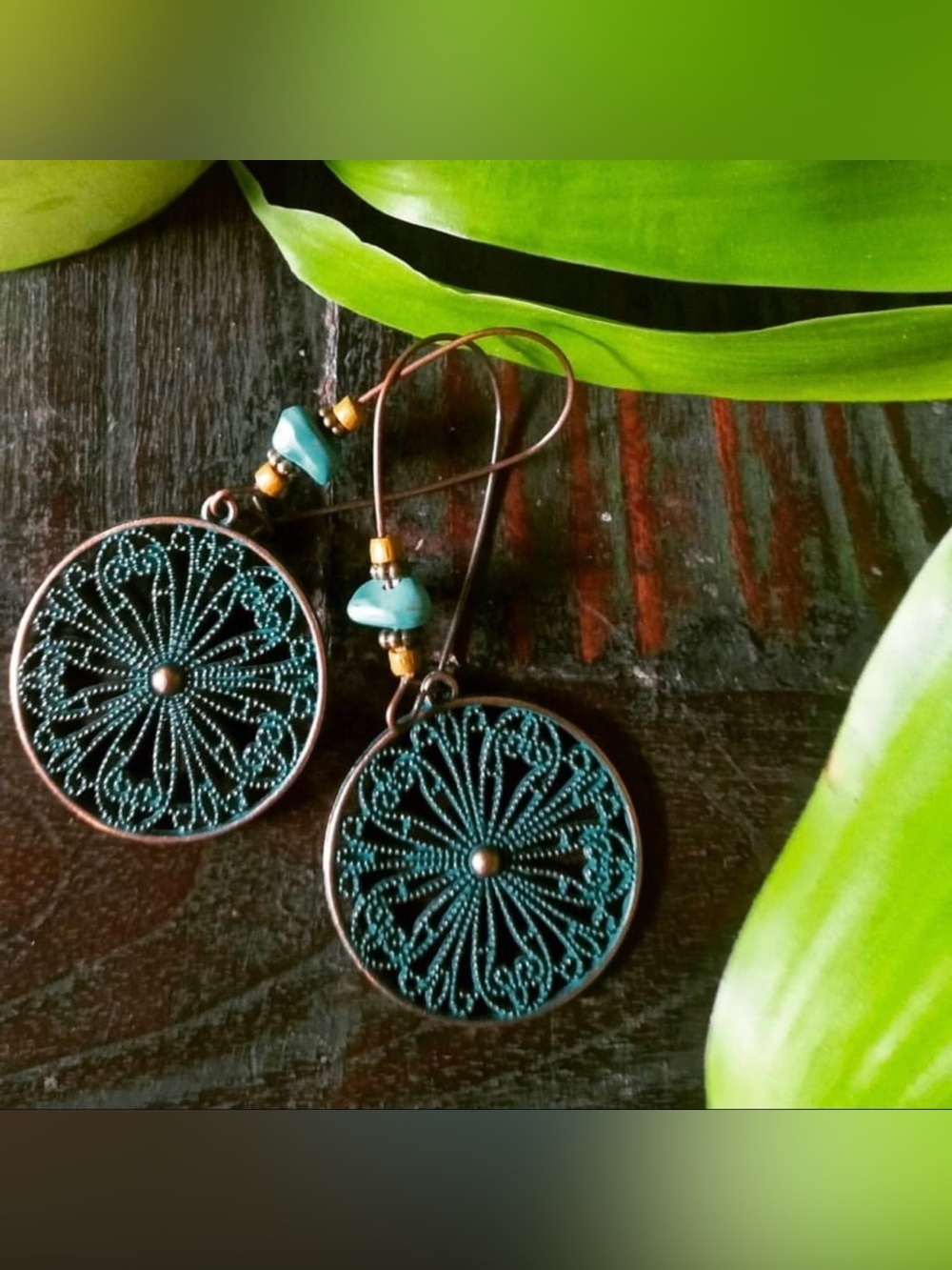 3/$22🩶 Teal Patina Bronze Medallion Earrings Beaded Southwestern Mandala NEW